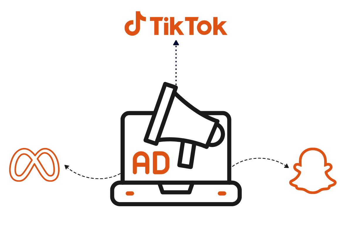 Laptop with siren and "Ads", connected to social icons, illustrating Munim Khan’s digital advertising skills.