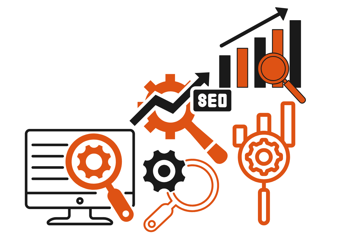 Magnifying glasses and abstract graphics with "SEO", representing Munim Khan’s SEO expertise.