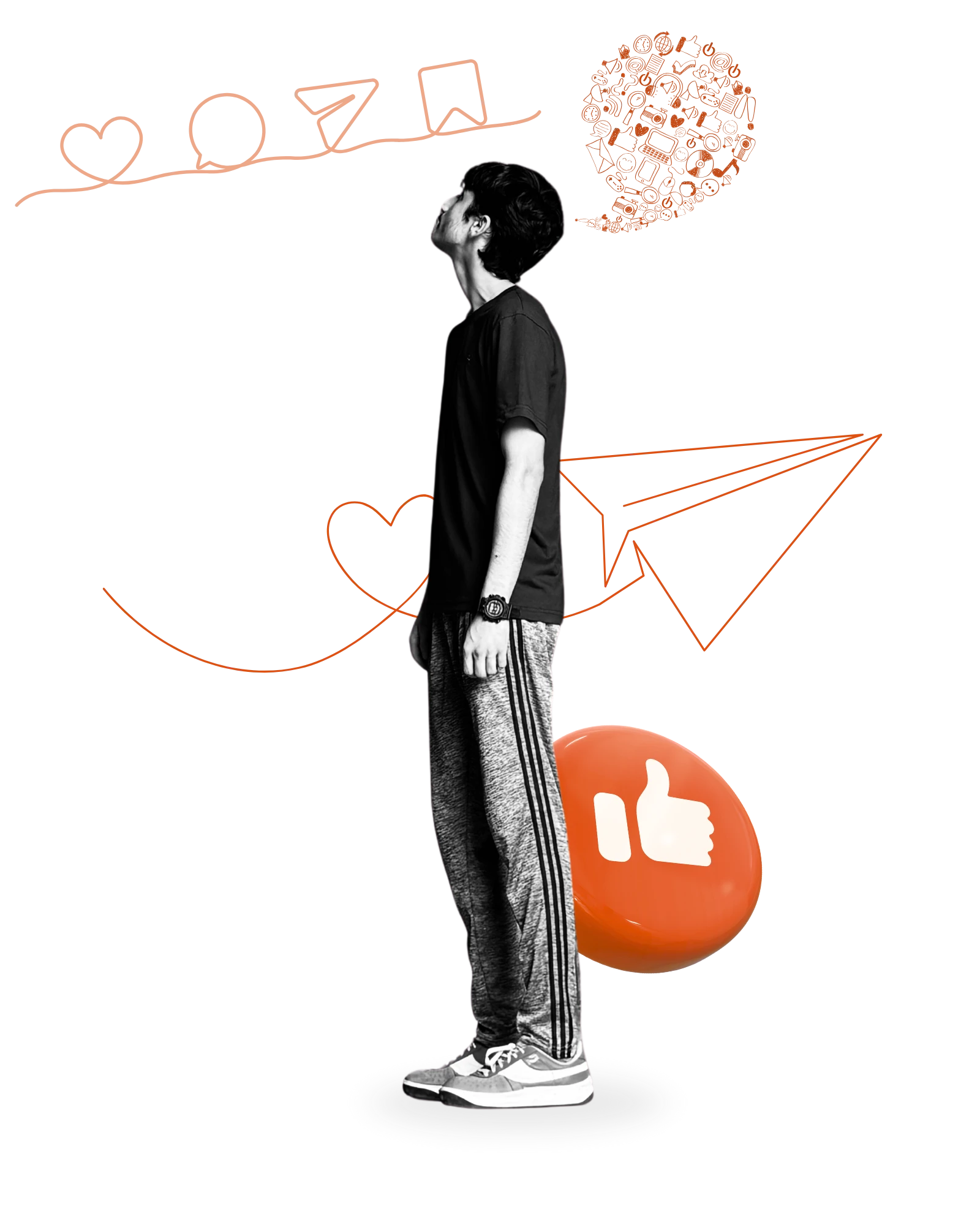 Munim Khan standing on subtle shadow, looking toward Instagram social bar, with a comma-shaped trail of tiny social icons from his head, an orange share button behind him, and a large orange circle beneath his feet